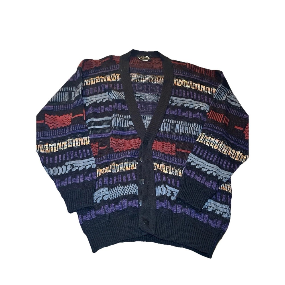 Vtg Designer Men Sweater 100% Virgin Acrylic Colorful Designs SZ Large Made USA